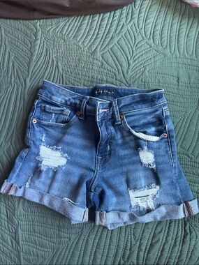 Aeropostale Women's Blue Distressed Rolled Hem Denim Shorts